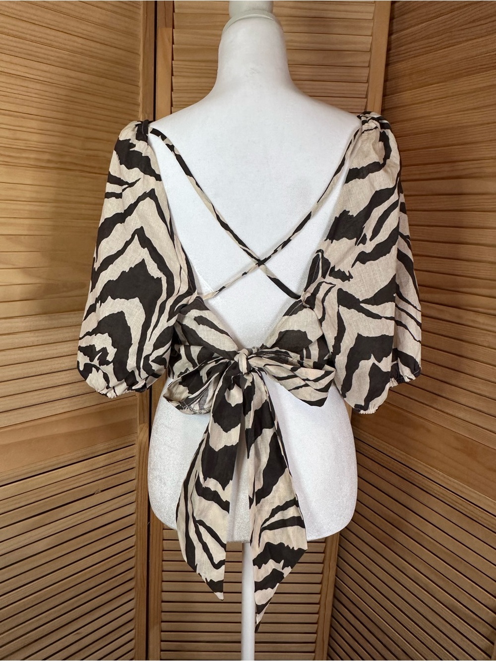 HALARA Zebra-Print Square Neck Tie-Front Top in Beige and Black
